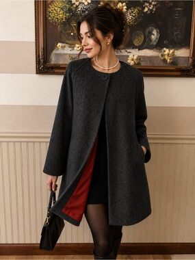 mac & jac Charcoal Grey A-Line Single-Button Pea Coat with Red Lining
